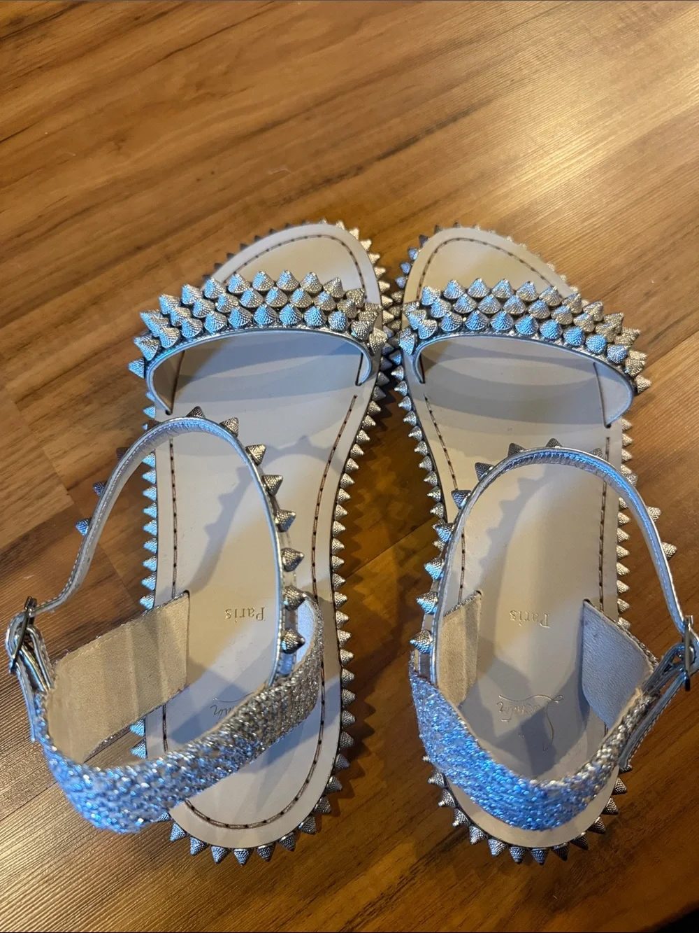 Christian Louboutin Silver Studded Leather Ankle-Strap Sandals size 40